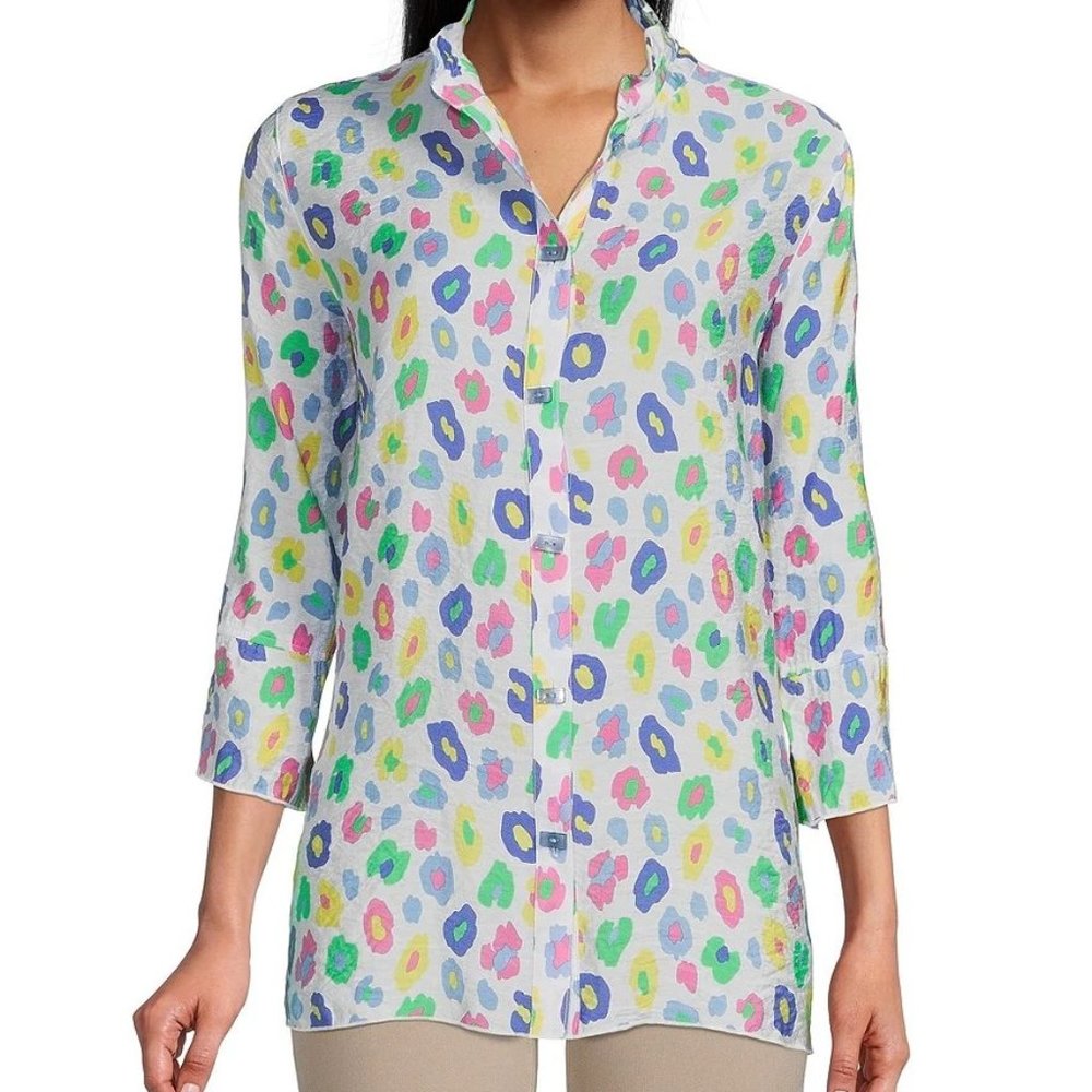 Multiples Women Colorful Abstract Leopard Print Crinkle Woven 3/4 Sleeve PM NWT